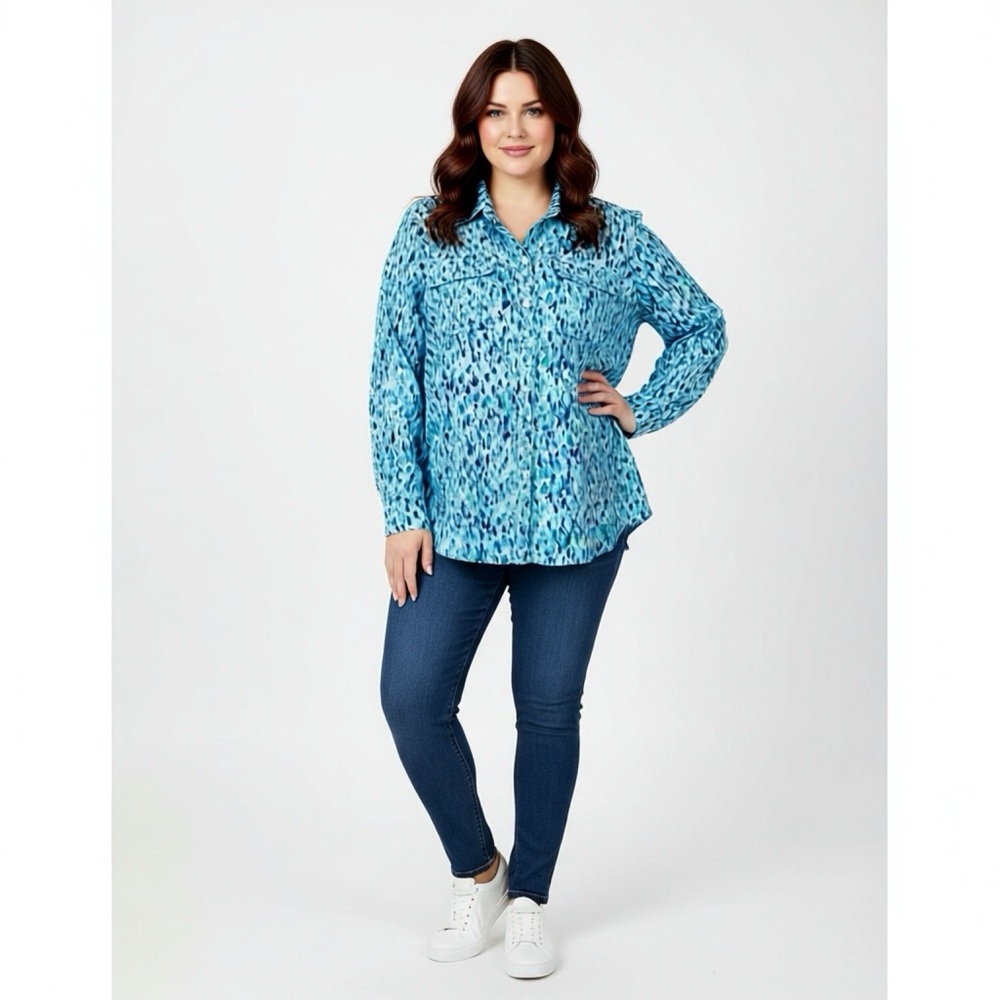 Ocean Blue Patterned Button Down Shirt Lightweigh… - image 13